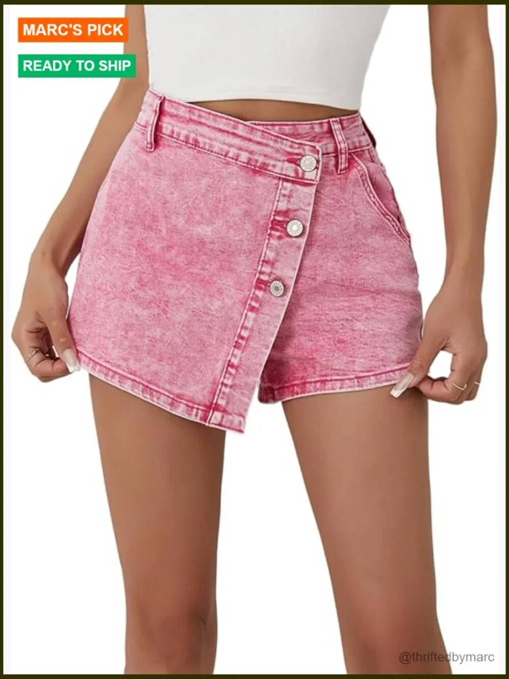 High Waisted Denim Skort Asymmetrical Button Distressed Hem Stretch